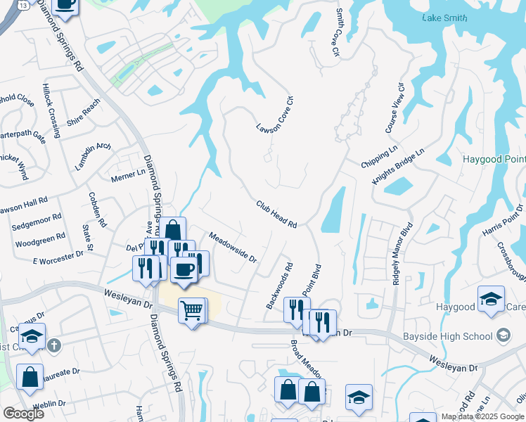map of restaurants, bars, coffee shops, grocery stores, and more near 5353 Club Head Road in Virginia Beach