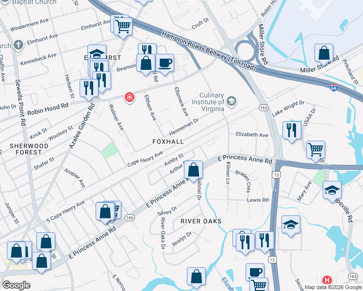 map of restaurants, bars, coffee shops, grocery stores, and more near 5361 Cape Henry Avenue in Norfolk