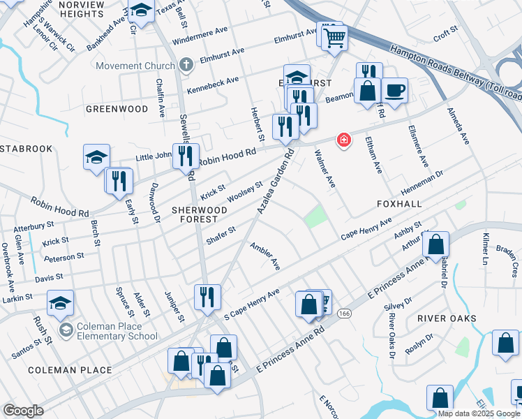 map of restaurants, bars, coffee shops, grocery stores, and more near in Norfolk