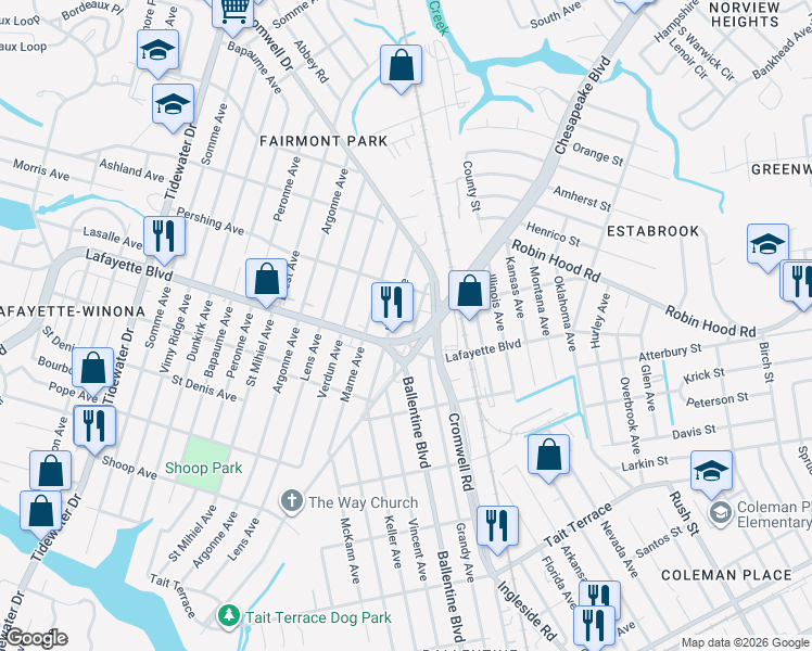 map of restaurants, bars, coffee shops, grocery stores, and more near 3213 Lyons Avenue in Norfolk
