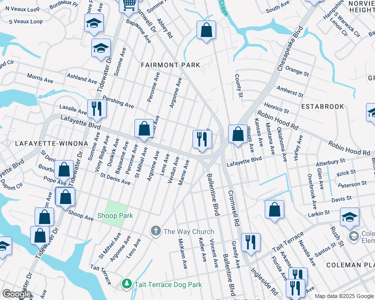 map of restaurants, bars, coffee shops, grocery stores, and more near 2804 Lafayette Boulevard in Norfolk