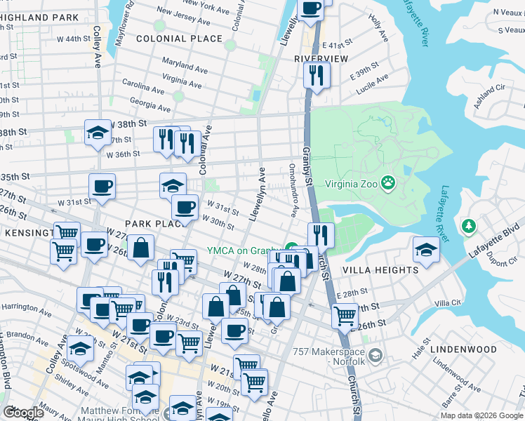 map of restaurants, bars, coffee shops, grocery stores, and more near 301 West 32nd Street in Norfolk