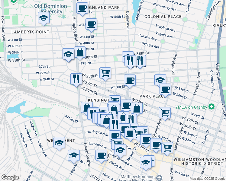 map of restaurants, bars, coffee shops, grocery stores, and more near 916 West 27th Street in Norfolk