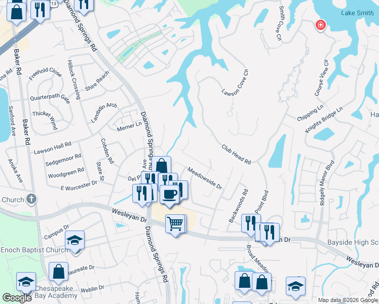 map of restaurants, bars, coffee shops, grocery stores, and more near 5344 Weblin Farm Road in Virginia Beach