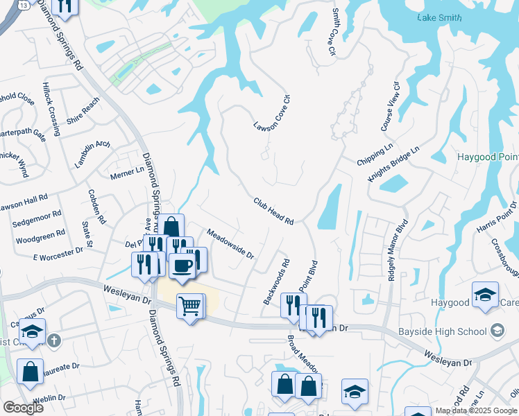 map of restaurants, bars, coffee shops, grocery stores, and more near 5353 Club Head Road in Virginia Beach