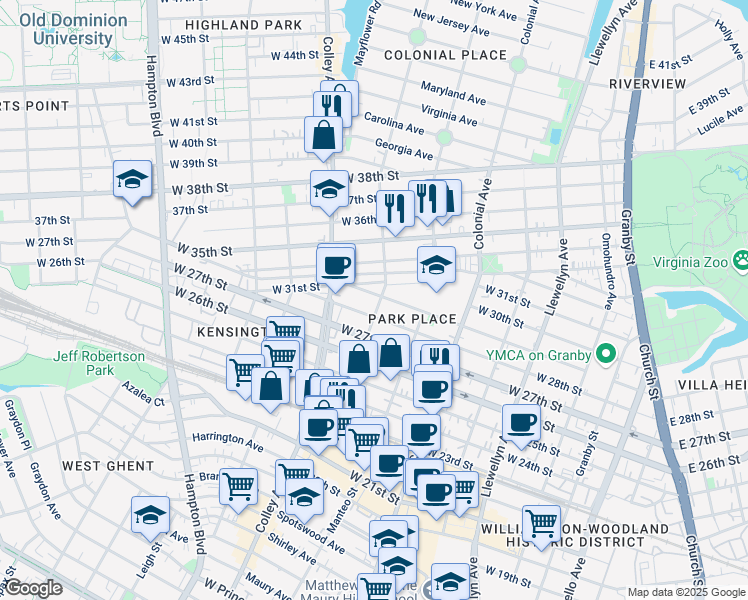 map of restaurants, bars, coffee shops, grocery stores, and more near 703 West 29th Street in Norfolk