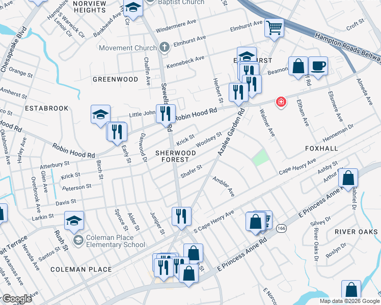 map of restaurants, bars, coffee shops, grocery stores, and more near 4911 Woolsey Street in Norfolk