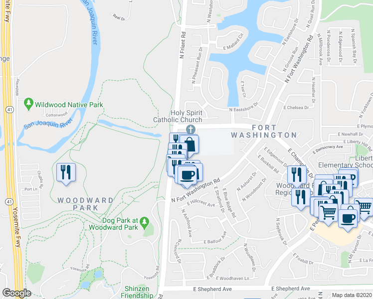 map of restaurants, bars, coffee shops, grocery stores, and more near 355 East Champlain Drive in Fresno