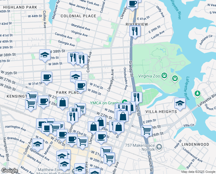 map of restaurants, bars, coffee shops, grocery stores, and more near 301 W 32nd St in Norfolk