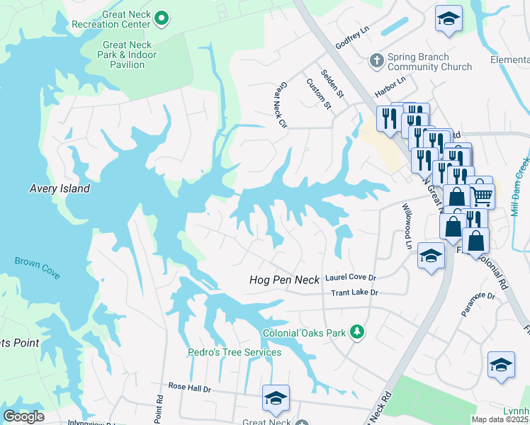 map of restaurants, bars, coffee shops, grocery stores, and more near 1332 Roberts Point in Virginia Beach