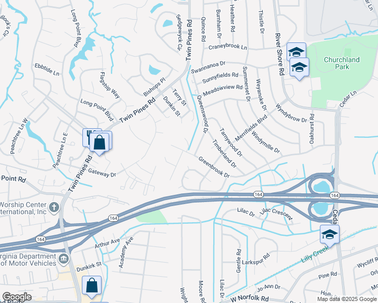 map of restaurants, bars, coffee shops, grocery stores, and more near 5504 Greenbrook Dr in Portsmouth