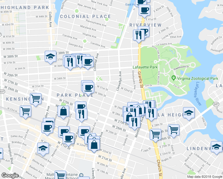 map of restaurants, bars, coffee shops, grocery stores, and more near 316 West 31st Street in Norfolk