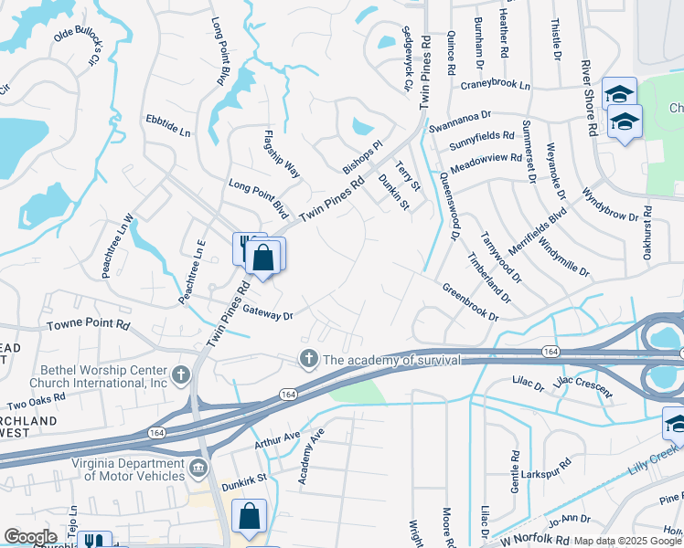 map of restaurants, bars, coffee shops, grocery stores, and more near 3508 Willow Breeze Drive in Portsmouth