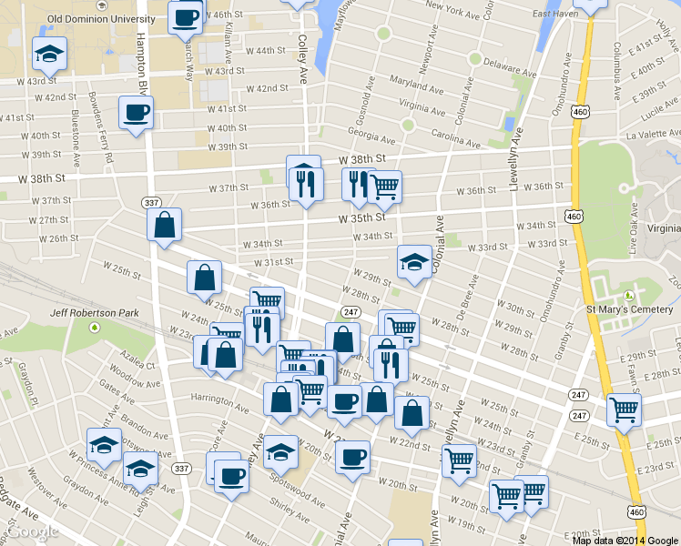 map of restaurants, bars, coffee shops, grocery stores, and more near 707 West 29th Street in Norfolk
