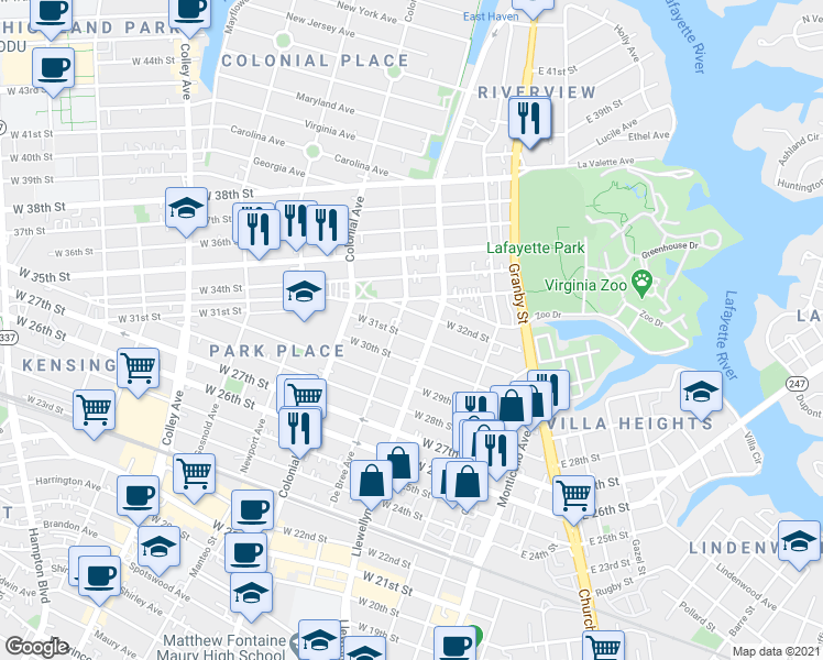 map of restaurants, bars, coffee shops, grocery stores, and more near 316 West 31st Street in Norfolk