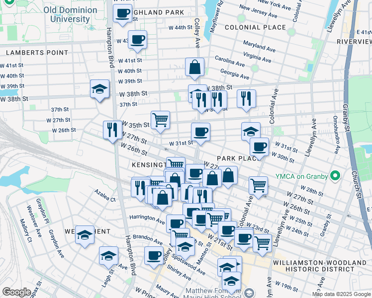 map of restaurants, bars, coffee shops, grocery stores, and more near 819 West 28th Street in Norfolk