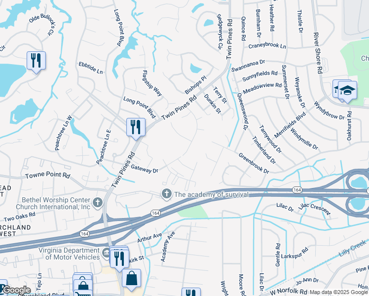map of restaurants, bars, coffee shops, grocery stores, and more near 3508 Willow Breeze Drive in Portsmouth