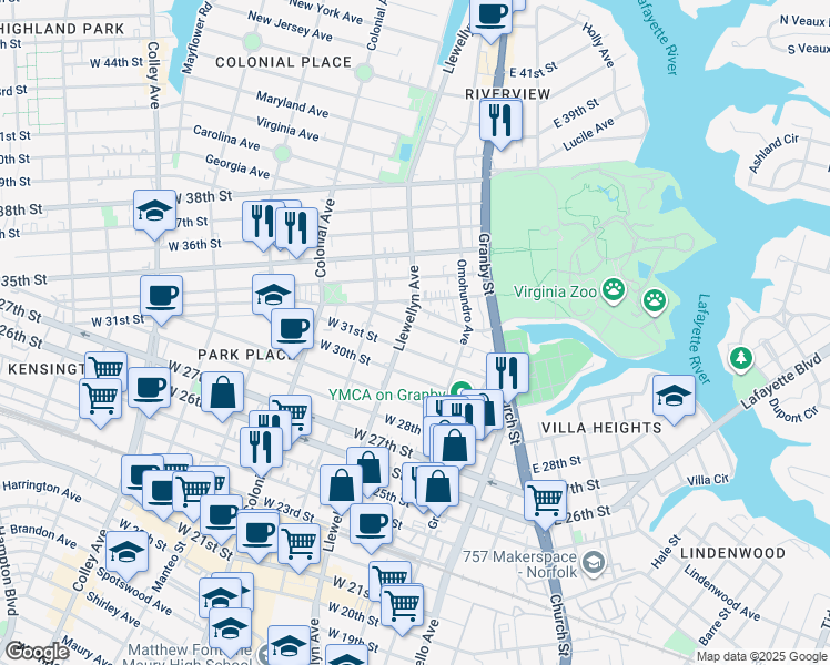 map of restaurants, bars, coffee shops, grocery stores, and more near 301 West 32nd Street in Norfolk