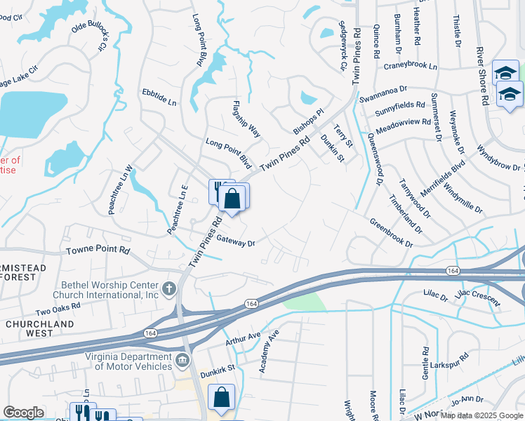 map of restaurants, bars, coffee shops, grocery stores, and more near 3630 Gateway Drive in Portsmouth