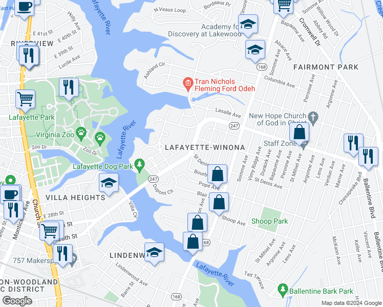 map of restaurants, bars, coffee shops, grocery stores, and more near 819 Saint Denis Avenue in Norfolk