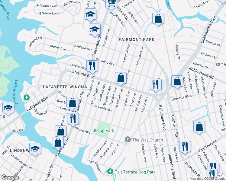 map of restaurants, bars, coffee shops, grocery stores, and more near 3119 Peronne Avenue in Norfolk