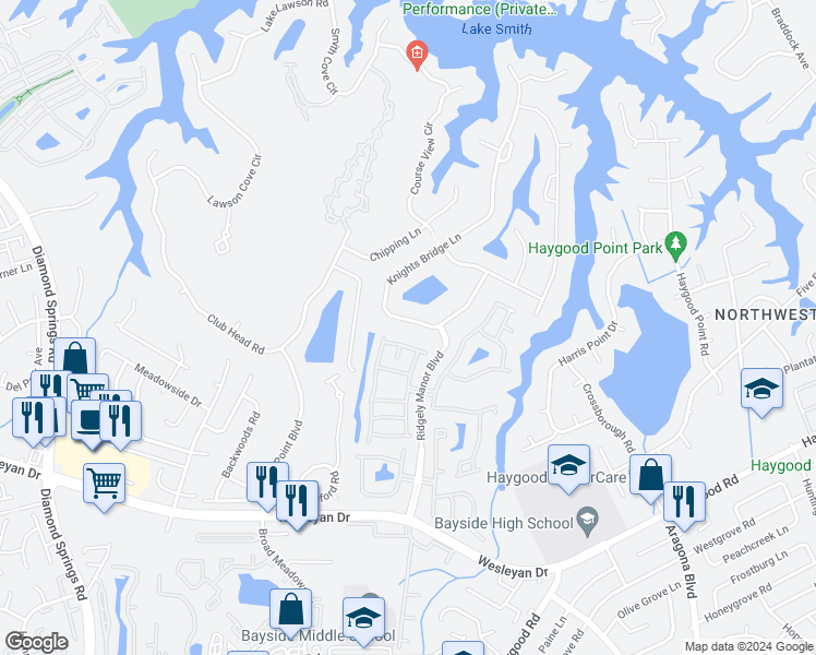 map of restaurants, bars, coffee shops, grocery stores, and more near 1149 Knights Bridge Lane in Virginia Beach