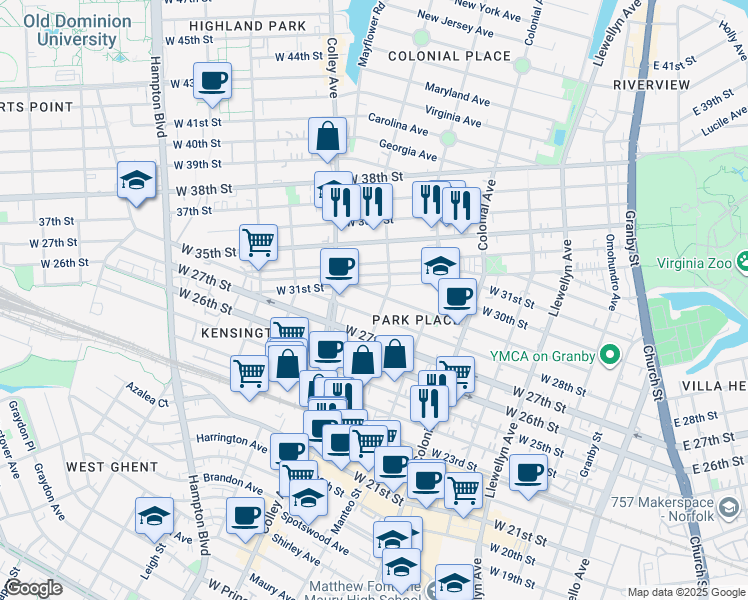 map of restaurants, bars, coffee shops, grocery stores, and more near 707 West 29th Street in Norfolk