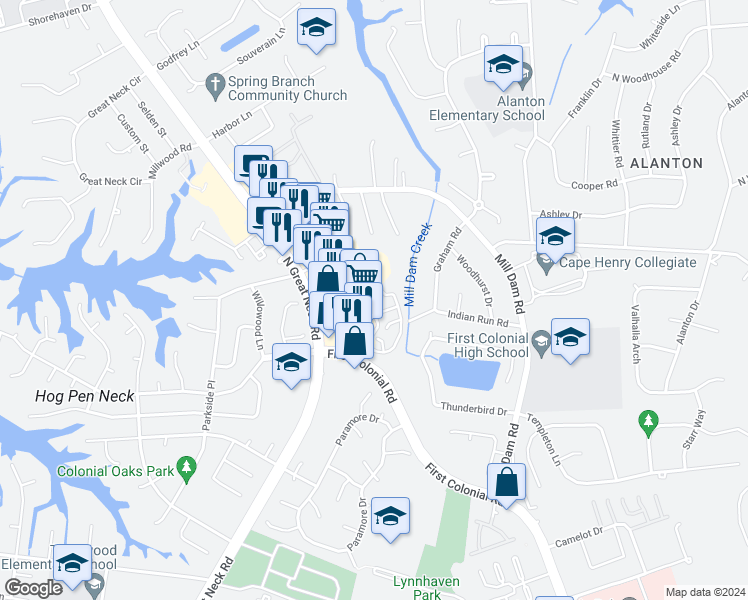 map of restaurants, bars, coffee shops, grocery stores, and more near 2121 Refuge Court in Virginia Beach