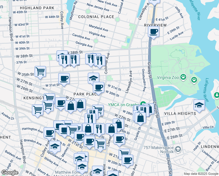 map of restaurants, bars, coffee shops, grocery stores, and more near 429 West 31st Street in Norfolk