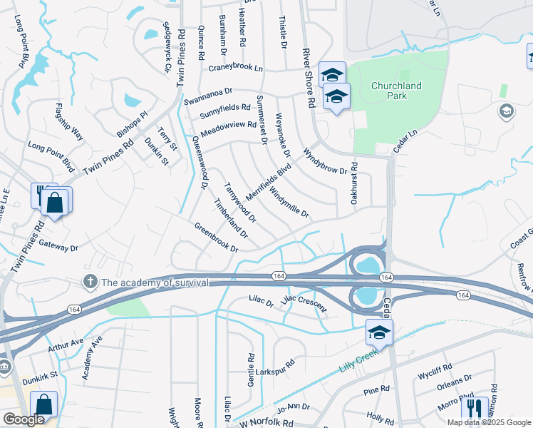 map of restaurants, bars, coffee shops, grocery stores, and more near 4020 Forresthills Drive in Portsmouth