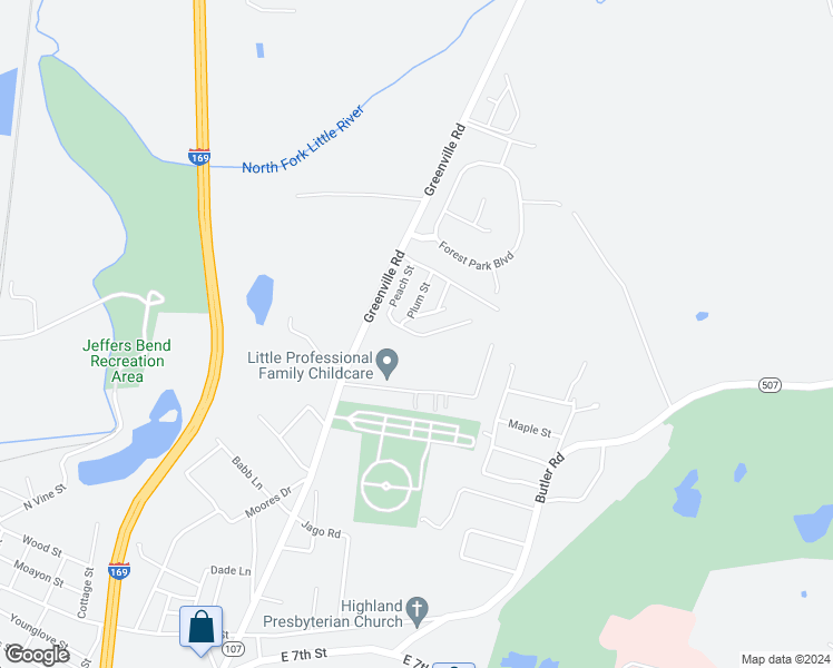 map of restaurants, bars, coffee shops, grocery stores, and more near 199 Peach Street in Hopkinsville