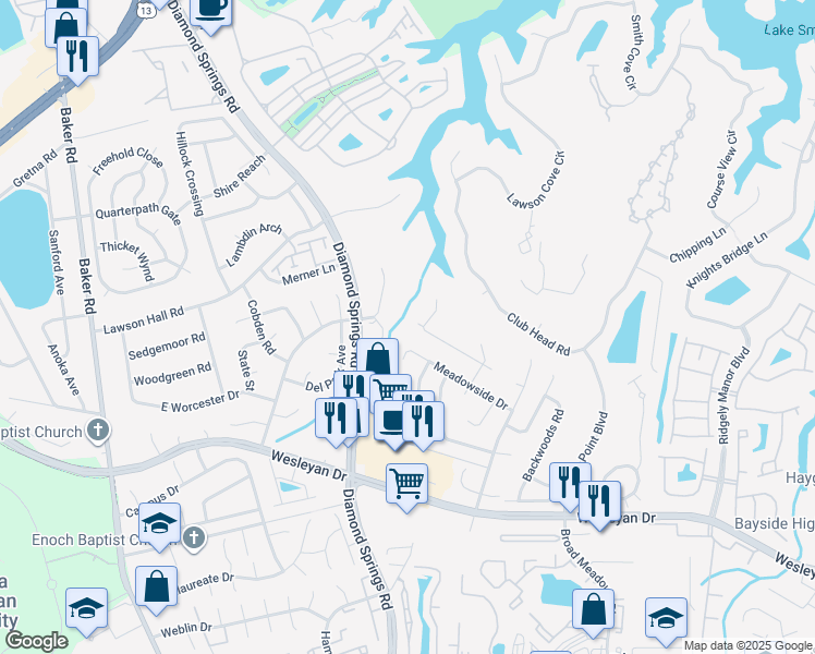 map of restaurants, bars, coffee shops, grocery stores, and more near 5361 Weblin Farm Road in Virginia Beach