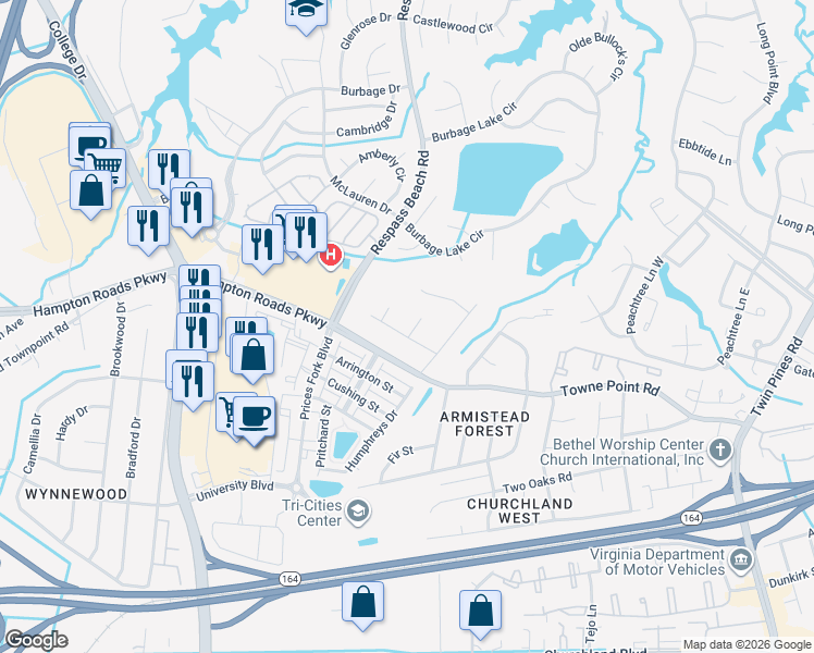 map of restaurants, bars, coffee shops, grocery stores, and more near 6201 White Ash Court in Suffolk
