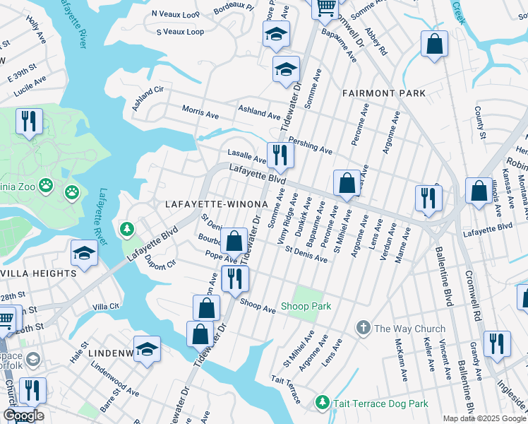 map of restaurants, bars, coffee shops, grocery stores, and more near 1901 Bellevue Avenue in Norfolk