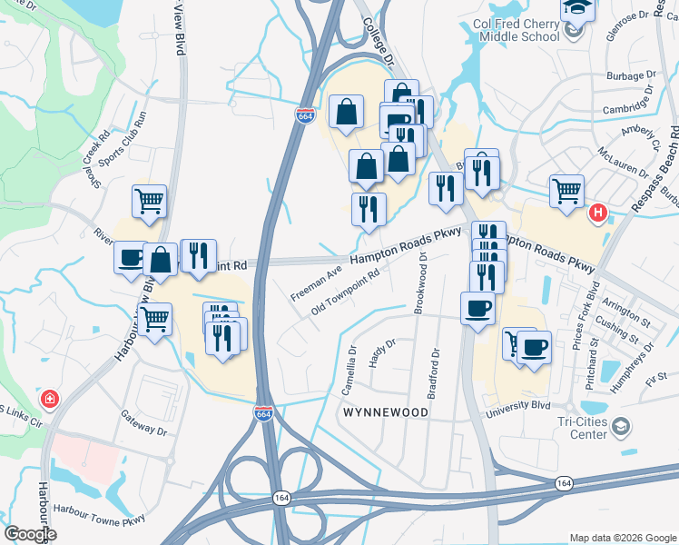 map of restaurants, bars, coffee shops, grocery stores, and more near 6317 Freeman Avenue in Suffolk
