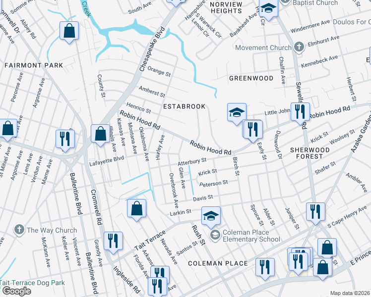 map of restaurants, bars, coffee shops, grocery stores, and more near 3112 Glen Avenue in Norfolk