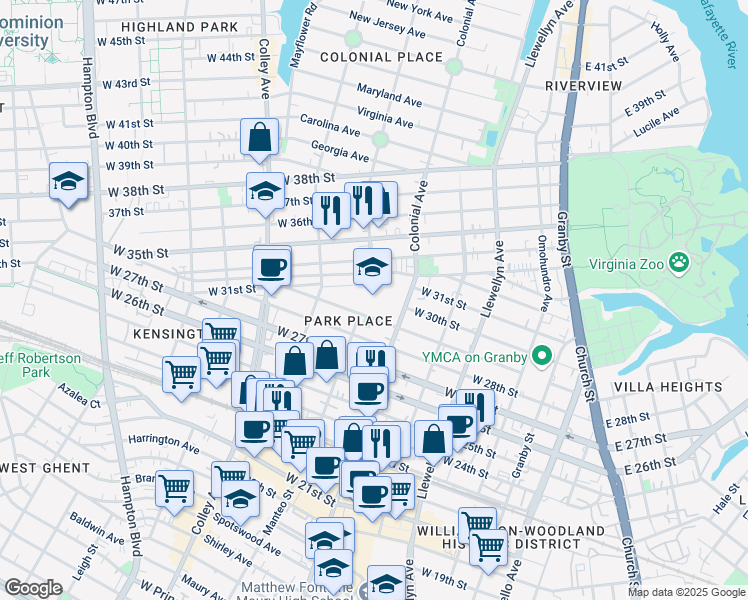 map of restaurants, bars, coffee shops, grocery stores, and more near 520 West 29th Street in Norfolk