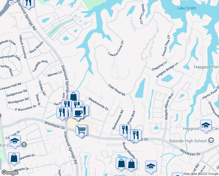 map of restaurants, bars, coffee shops, grocery stores, and more near 5353 Club Head Road in Virginia Beach