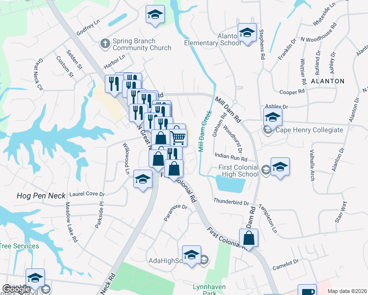 map of restaurants, bars, coffee shops, grocery stores, and more near 2106 Sanctuary Court in Virginia Beach