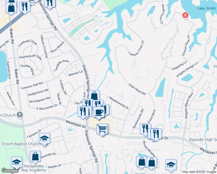 map of restaurants, bars, coffee shops, grocery stores, and more near 5344 Weblin Farm Road in Virginia Beach