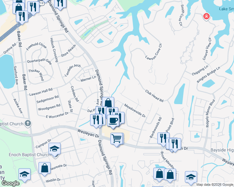map of restaurants, bars, coffee shops, grocery stores, and more near 5361 Weblin Farm Road in Virginia Beach