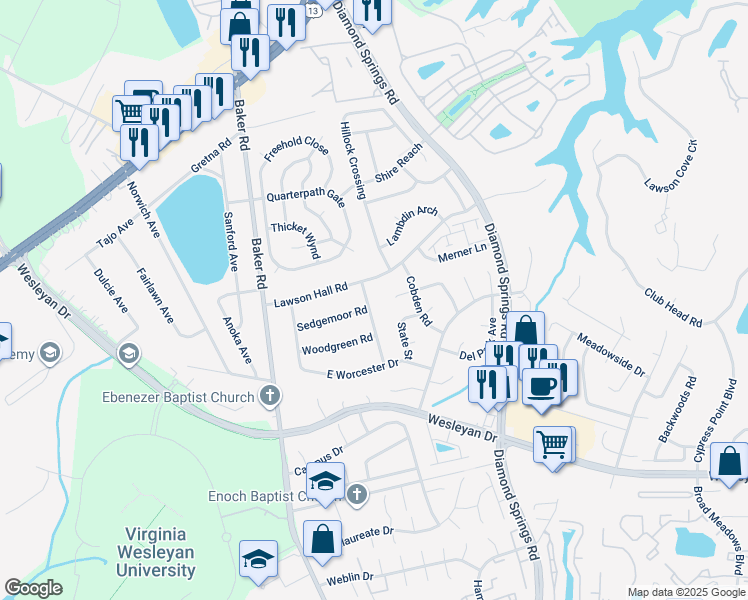 map of restaurants, bars, coffee shops, grocery stores, and more near 1048 Old Canterbury Drive in Virginia Beach