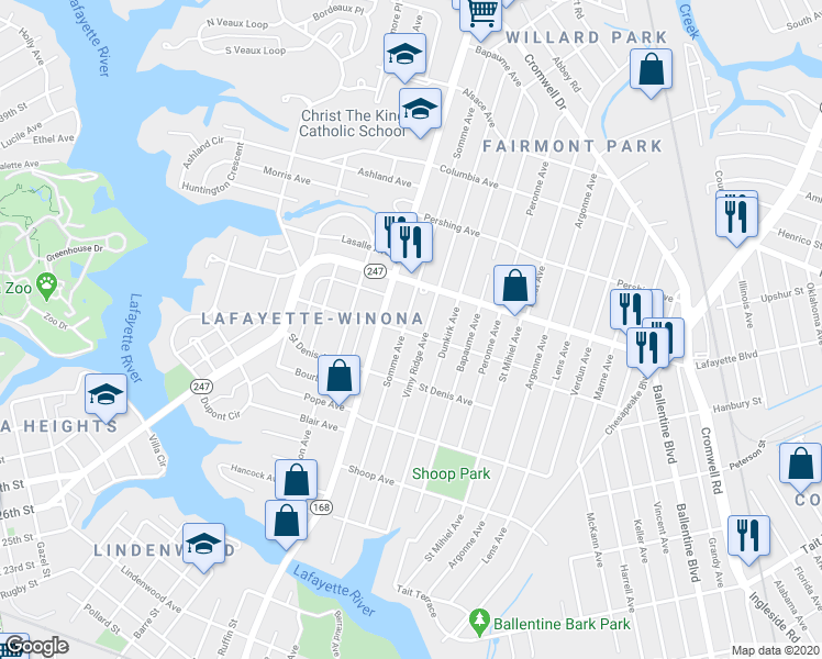 map of restaurants, bars, coffee shops, grocery stores, and more near 3100 Somme Avenue in Norfolk