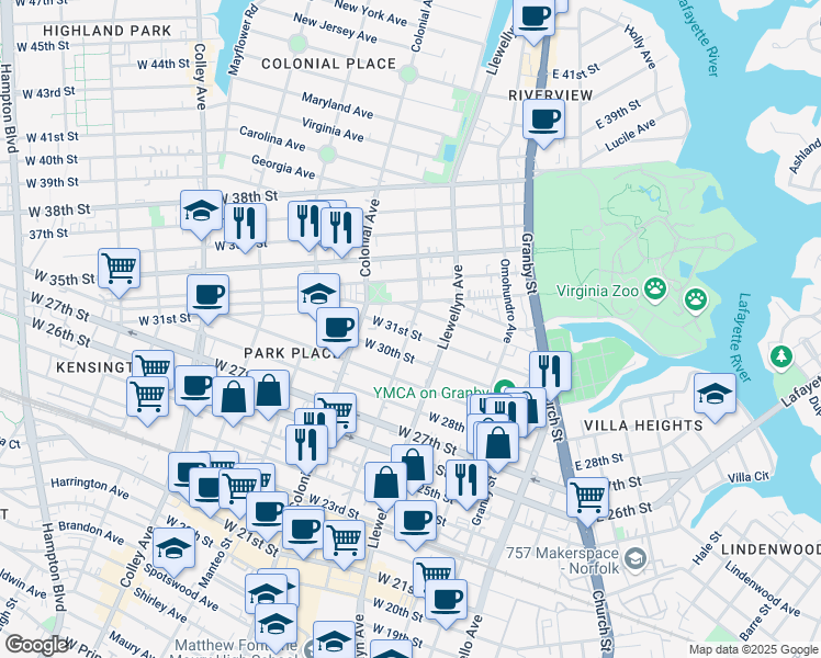 map of restaurants, bars, coffee shops, grocery stores, and more near 402 West 31st Street in Norfolk