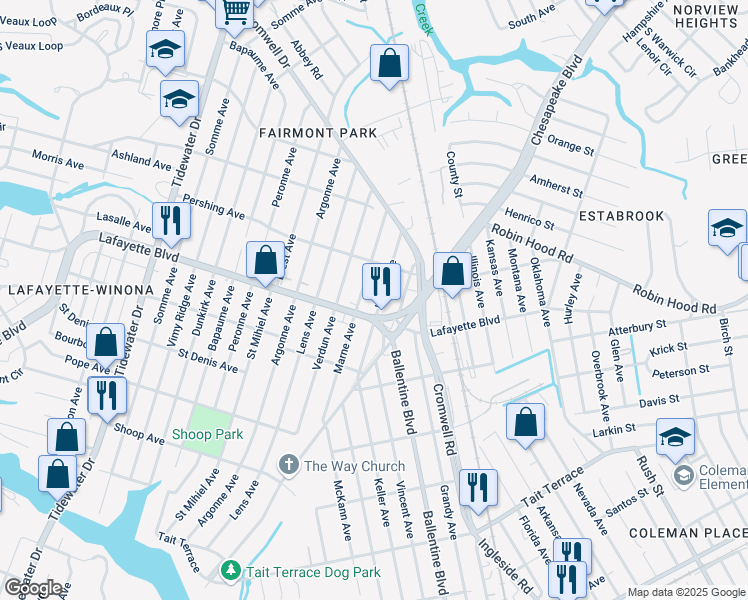 map of restaurants, bars, coffee shops, grocery stores, and more near 3213 Lyons Avenue in Norfolk