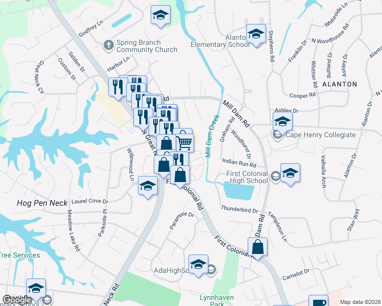 map of restaurants, bars, coffee shops, grocery stores, and more near 2106 Sanctuary Court in Virginia Beach