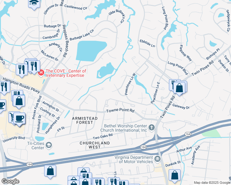 map of restaurants, bars, coffee shops, grocery stores, and more near 3807 Stateflower Court in Portsmouth