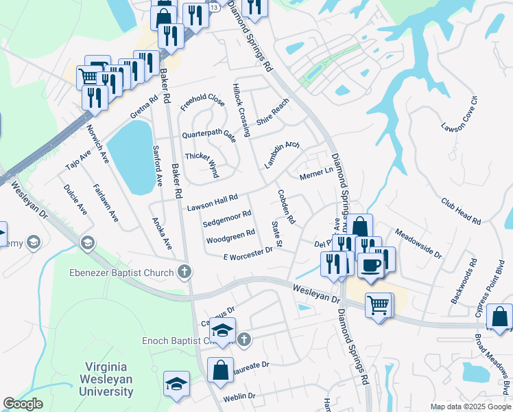 map of restaurants, bars, coffee shops, grocery stores, and more near 1048 Old Canterbury Drive in Virginia Beach