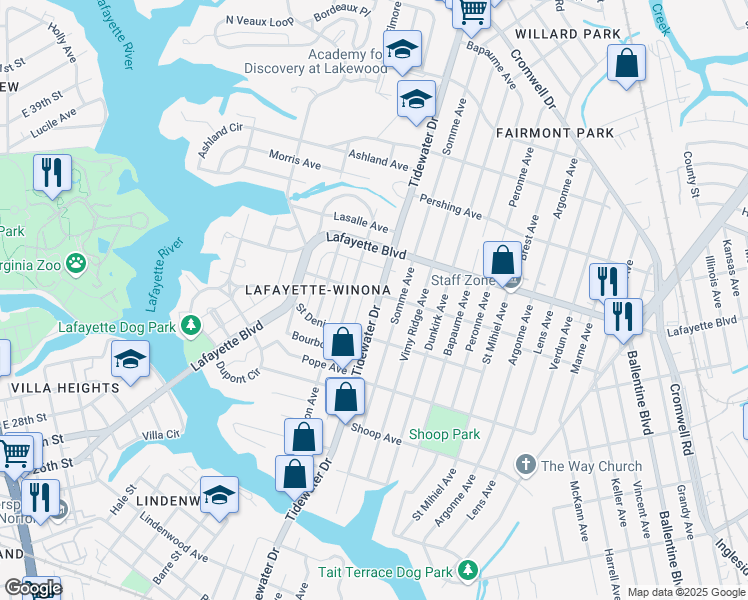 map of restaurants, bars, coffee shops, grocery stores, and more near 1823 Bellevue Avenue in Norfolk