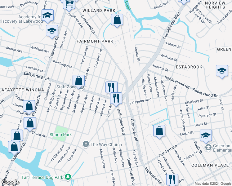 map of restaurants, bars, coffee shops, grocery stores, and more near 3214 Lyons Avenue in Norfolk